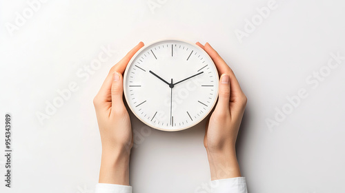 Close-up of hands holding a minimalistic round wall clock on white background, depicting time management and punctuality.