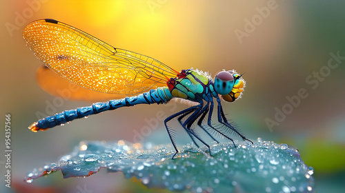 Colorful Dragonfly Illustration on a Dew-Covered Leaf