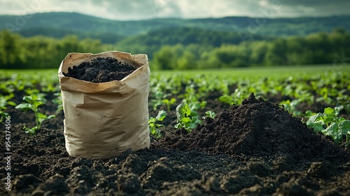 Large heavy paper bag filled with biochar on a grassy field, representing eco-friendly packaging and sustainable agriculture. 