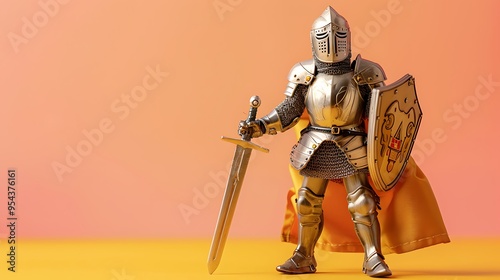 Toy knight armor isolated on amber and peach background