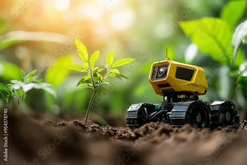 A tiny robot nurtures a young plant in vibrant green surroundings, showcasing innovation in technology and agriculture.