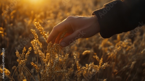 Man caresses cereal crop in warm sunset.