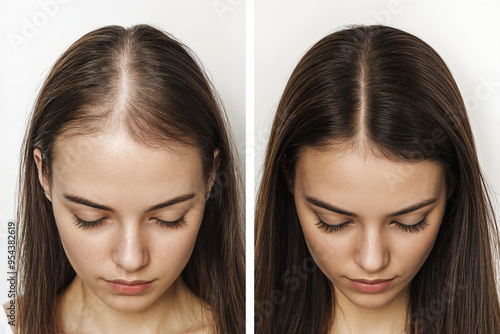 Before and after hair restoration in female patient. Illustration of transformation in hair density and scalp health post transplantation. Woman with hair loss problem. Hairloss treatment, collage. 