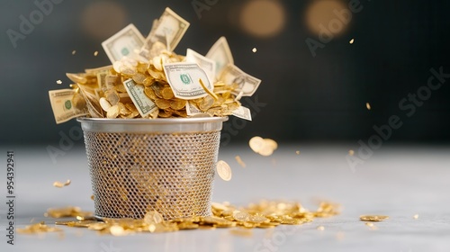 A vibrant scene featuring flying dollar bills and gold coins spilling from a basket, representing wealth and prosperity.