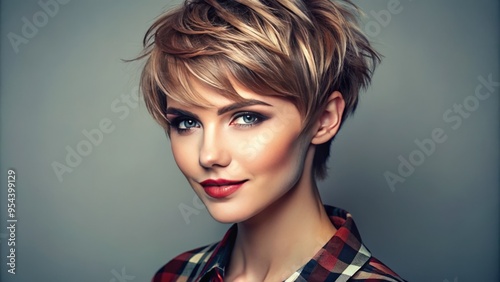 Whimsical female model showcases a vibrant, layered pixie cut with subtle highlights and choppy edges, adding to her