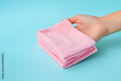 Young woman holding a pink folded dry soft microfiber rag for wiping different surfaces. Closeup on a light blue table background