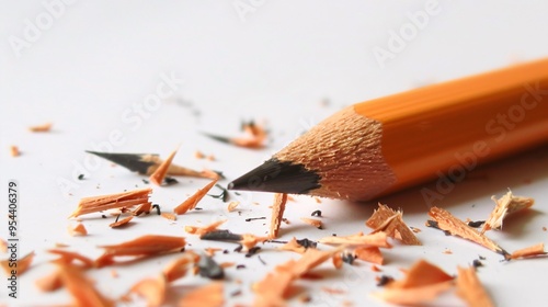 07231249 245. Elegant arrangement of a tiny, used pencil lying next to a scattering of intricate sharpening shavings, on a stark white background for a clean and focused presentation