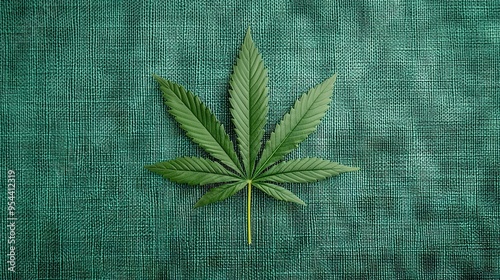  A marijuana leaf on green cloth with a light green thread texture