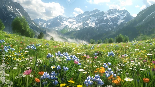 Colorful alpine meadow with a backdrop of majestic snow-capped mountains. The meadow is alive with a variety of wildflowers.