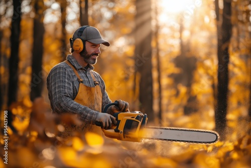  A bearded lumberjack wearing protective gear, including earmuffs and gloves, uses a chainsaw in a sunlit autumn forest. 