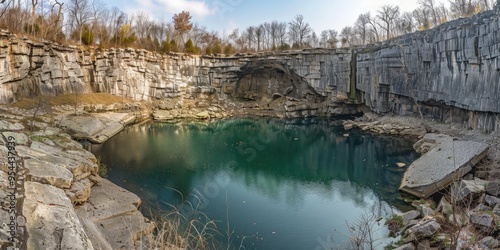 Circular karst sinkhole above defunct limestone quarry Diameter approximately 15 feet depth 40 50 feet Ongoing formation process