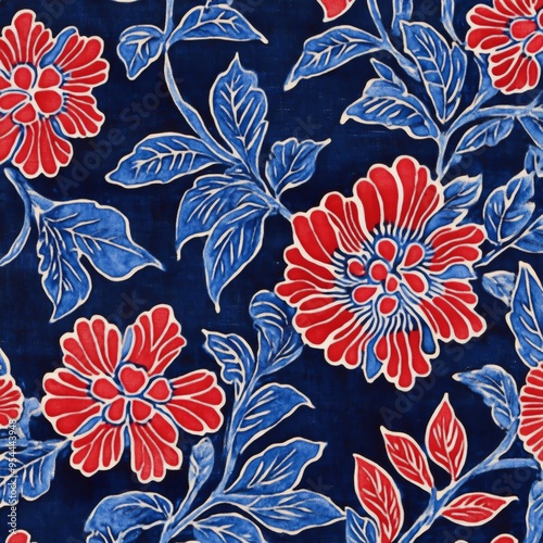 Red and white floral pattern on a blue background