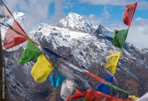 Beautiful view of mountains in Langtang valley of Nepal seen from Tsergo Ri (4,990m) the high point on the Langtang valley trek of Nepal.