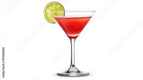 cosmopolitan cocktail with slice of lime on white background