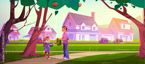 Children pick apple on neighbourhood street vector background. Fruit garden with harvest in village. Cute kid collect food from orchard in suburban scene with villa facade and sidewalk design