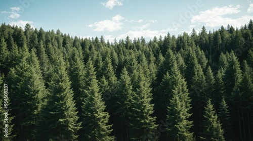 Thick green coniferous forest bathed in sunlight under a cloudless sky 