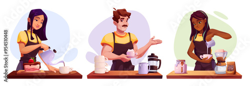 Barista people making hot fresh coffee with different method of preparing caffeine beverage. Cartoon vector set of man and woman with cup of coffee, french press and kettle, filter drip and dessert.