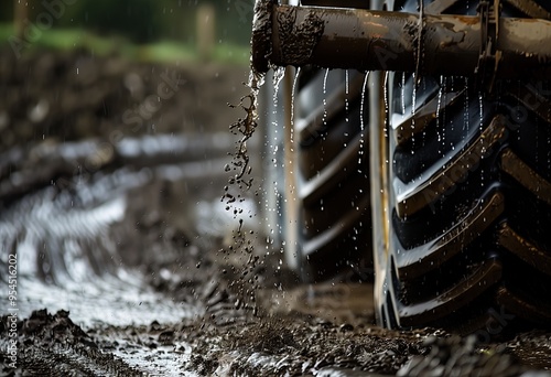 Tractor tires on dirty road. Heavy machinery riding through swampy, soggy rural soil. Suspended pipe of agricultural vehicle. Drips of mud. Ecology, environmental awareness