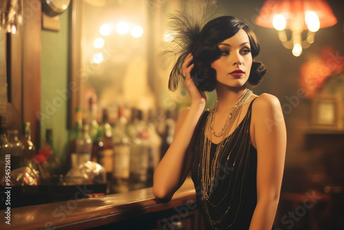 woman at bar in 1920s flapper style dress