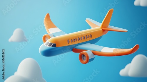 A colorful, playful airplane flying through a bright blue sky, surrounded by fluffy white clouds. Perfect for children's themes.