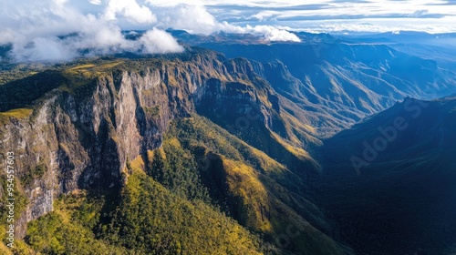 Aerial shot of the rugged mountains and deep valleys of the Horton Plains, with diverse flora and fauna