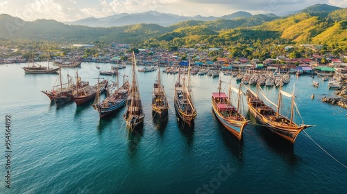 Bird's-eye view of the traditional Phinisi ships docked at the harbor of Labuan Bajo in Flores