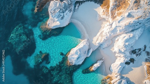 Top view of the white sandy shores and turquoise waters of Sarakiniko Beach in Milos, with its unique volcanic rock formations