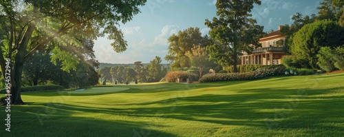 Classic country club wedding with manicured lawns and golf course views, 4K hyperrealistic photo