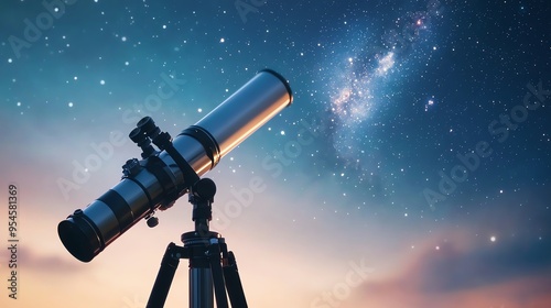 A telescope pointed at the night sky filled with stars, capturing the beauty of astronomy and the universe.