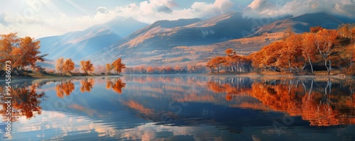 Tranquil lake with reflections of autumn trees and mountains, 4K hyperrealistic photo,