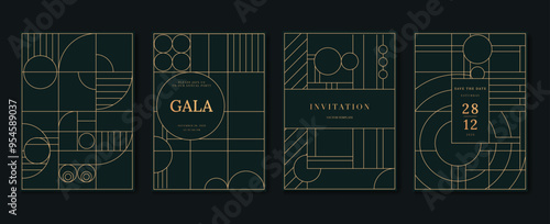 Luxury invitation card background vector. Elegant classic antique design, gold lines gradient on dark green background. Premium design illustration for gala card, grand opening, art deco, wedding.