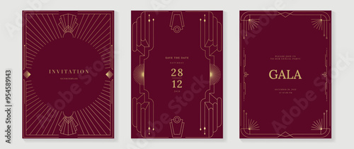 Luxury invitation card vector. Elegant art deco classic antique design, gold lines gradient, frame on red background. Premium design illustration for gala, grand opening, VIP cover, wedding.