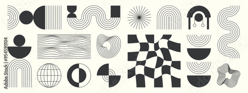 Hand drawn abstract minimal element mid century vector set. Aesthetic contemporary stripe line art, geometric shape in monochrome. Art form design for wall art, decoration, wallpaper.