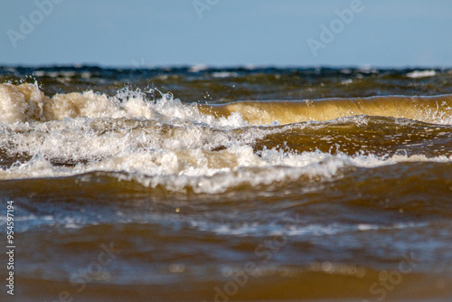 Latvia Rigas Gulf Jurmala coast waves front view