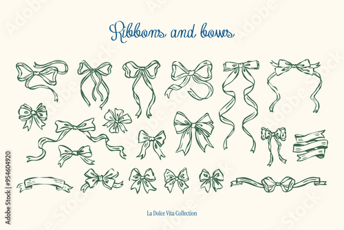 Minimalist hand drawn ribbons and bows vector illustration collection. Art for greeting cards, wedding invitations, poster design, postcards, branding, logo design, background. 