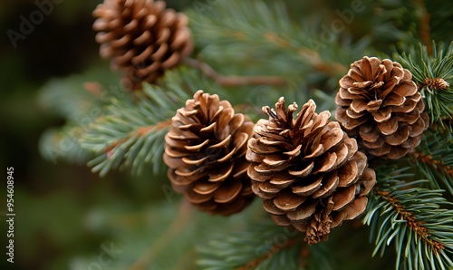 several pine cones on the branches of an evergreen tree in a natural outdoor setting, Generative AI