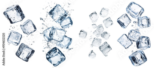 Full depth of field on a falling ice cube, isolated on a white background