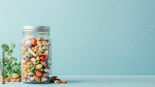 A jar filled with assorted nuts and seeds, placed on a minimalist blue background, promoting healthy snacking and nutrition.