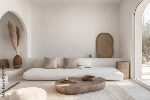 Grand Salon Minimaliste avec Canapé Contemporain dans une Villa Toute Blanche