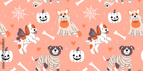 Adorable dogs in Halloween costumes with bones, big spider web and jack o lantern pumpkin. Flat cartoon seamless pattern with cute dogs.