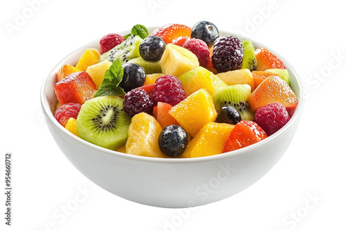 Mixed fruit salad in a white bowl on a white background. PNG transparent.