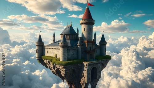 An adventurous sky castle, featuring pixelated secret passages, a pixelated moat, and a pixelated wizard's tower, floating in a dynamic pixelated sky with moving pixel clouds