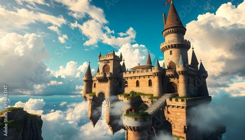 An adventurous sky castle, featuring pixelated secret passages, a pixelated moat, and a pixelated wizard's tower, floating in a dynamic pixelated sky with moving pixel clouds