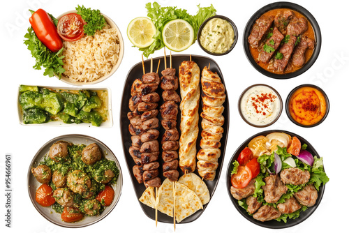 Set of a featuring various Turkish dishes such as kebab, Jonesburg, kami yum in the style of Character, isolated on a transparent background.