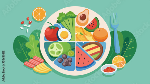 A balanced plate of food with lean proteins, whole grains, colorful vegetables, and healthy fats. AI generated