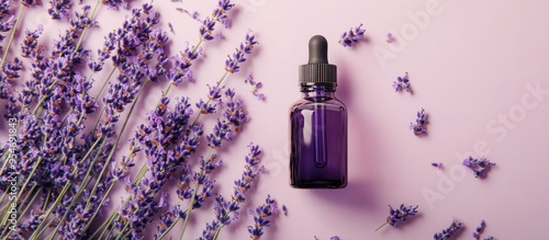 Small bottle containing essential lavender oil extract tincture infusion perfume Ingredients for aromatherapy spa and herbal medicine Top view copy space