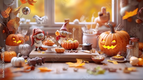 A kitchen scene with vintage luxury details, showing goblins baking Halloween treats in a warmly lit setting with a watercolor effect