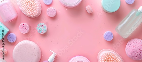 Cute girlish cosmetic products for bathing on a pastel pink background top view copyspace