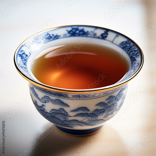 tea in a Chinese white and blue cup, AI generated