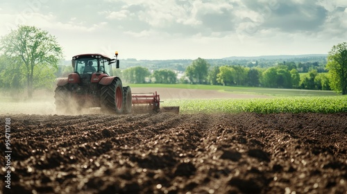 A tractor plowing a fertile field on a sunny day, showcasing the agricultural process and the beauty of farmland.